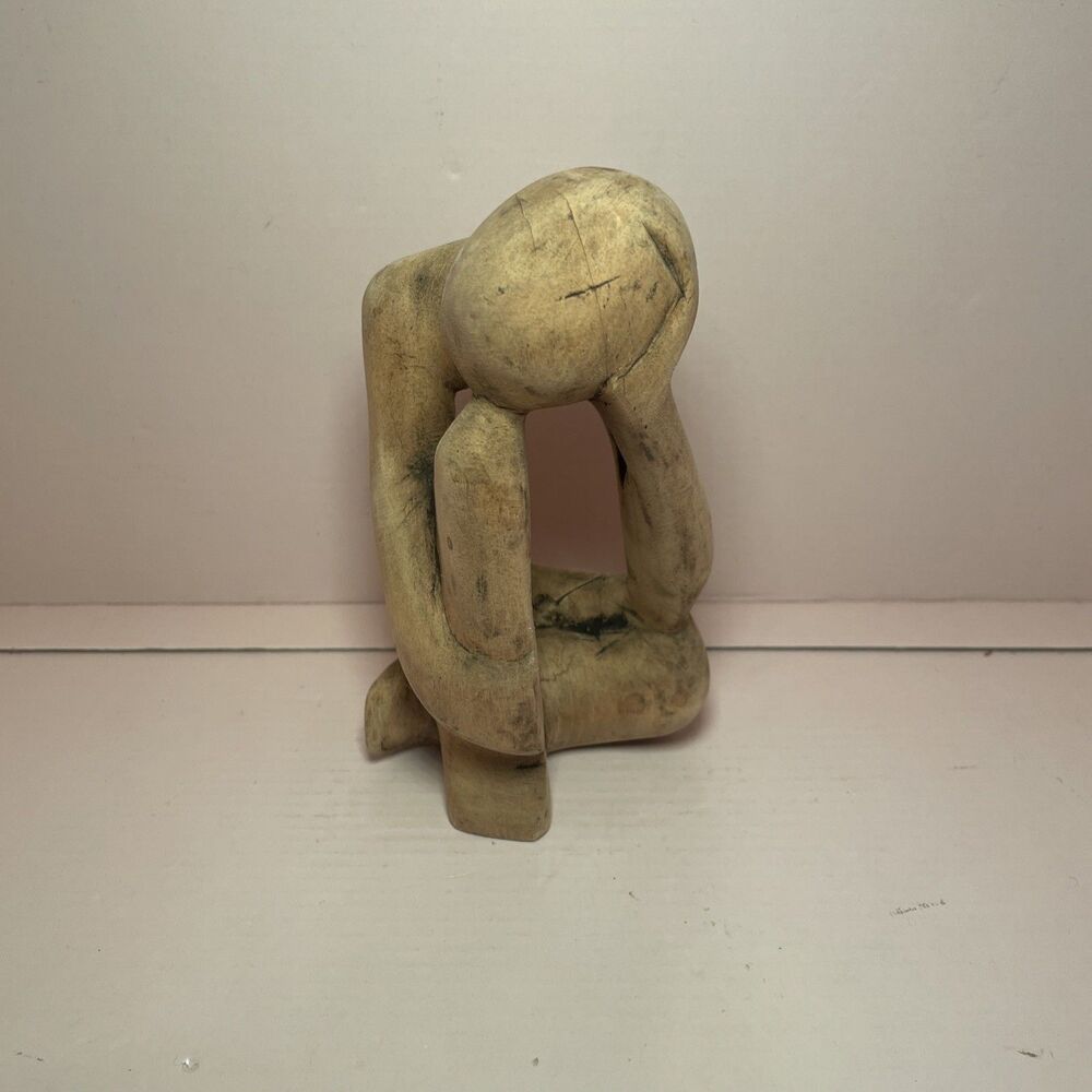 Wooden Abstract Sculpture Thinking Vtg Figurine Hand Carved Statue 5 1/2 Inches